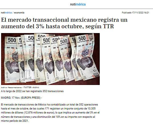 El mercado transaccional mexicano registra un aumento del 3% hasta octubre, segn TTR